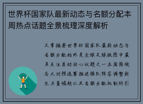 世界杯国家队最新动态与名额分配本周热点话题全景梳理深度解析