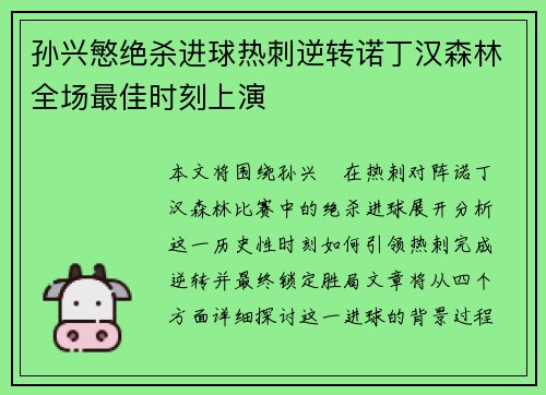 孙兴慜绝杀进球热刺逆转诺丁汉森林全场最佳时刻上演